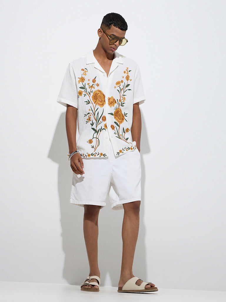 ETA White Floral Embroidered Relaxed-Fit Cotton Shirt