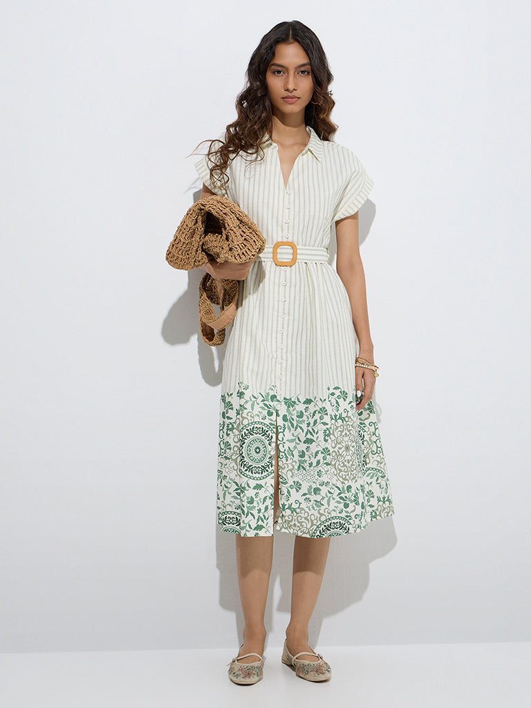 Bombay Paisley Green Cotton-Blend Shirt Dress with Belt