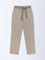 Gia Beige Solid High-Rise Cotton-Blend Pants with Belt