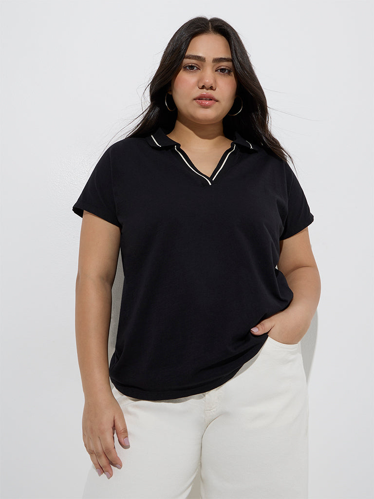 Gia Black Solid Cotton Polo T-Shirt