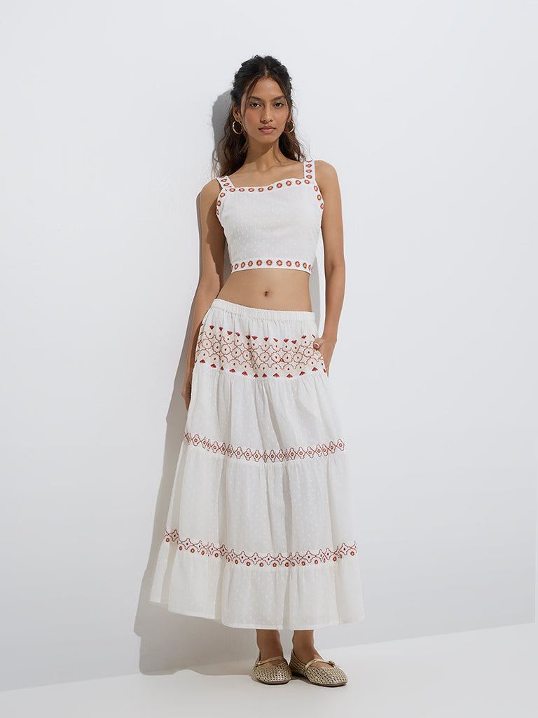 Bombay Paisley White Embroidered Cotton Tiered Skirt