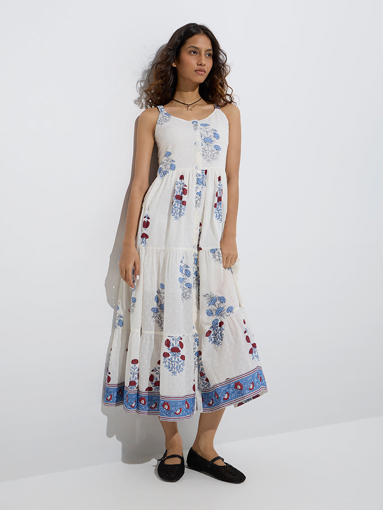 Bombay Paisley White Floral Pattern Cotton Tiered Dress