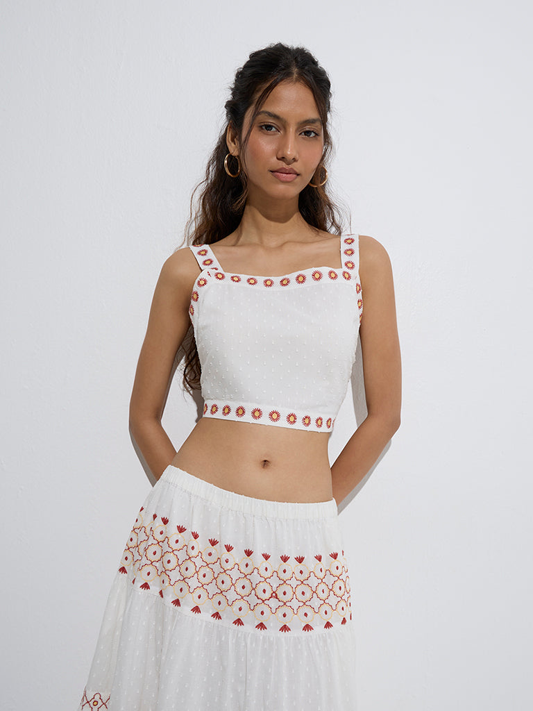 Bombay Paisley White Floral Embroidered Cotton Top