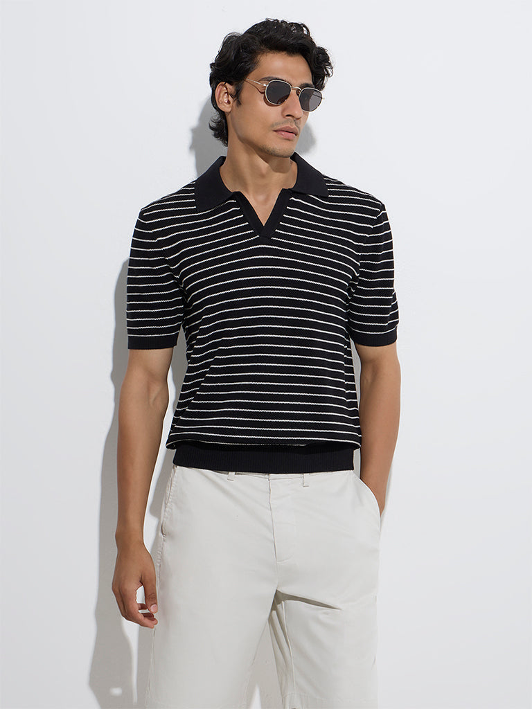Ascot Black Striped Relaxed-Fit Cotton-Blend Polo T-Shirt