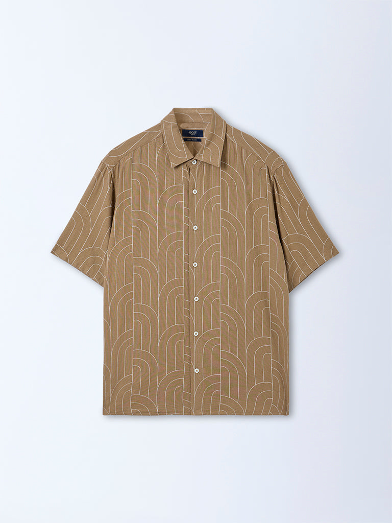 Ascot Light Brown Printed Relaxed Fit Linen Blend Shirt