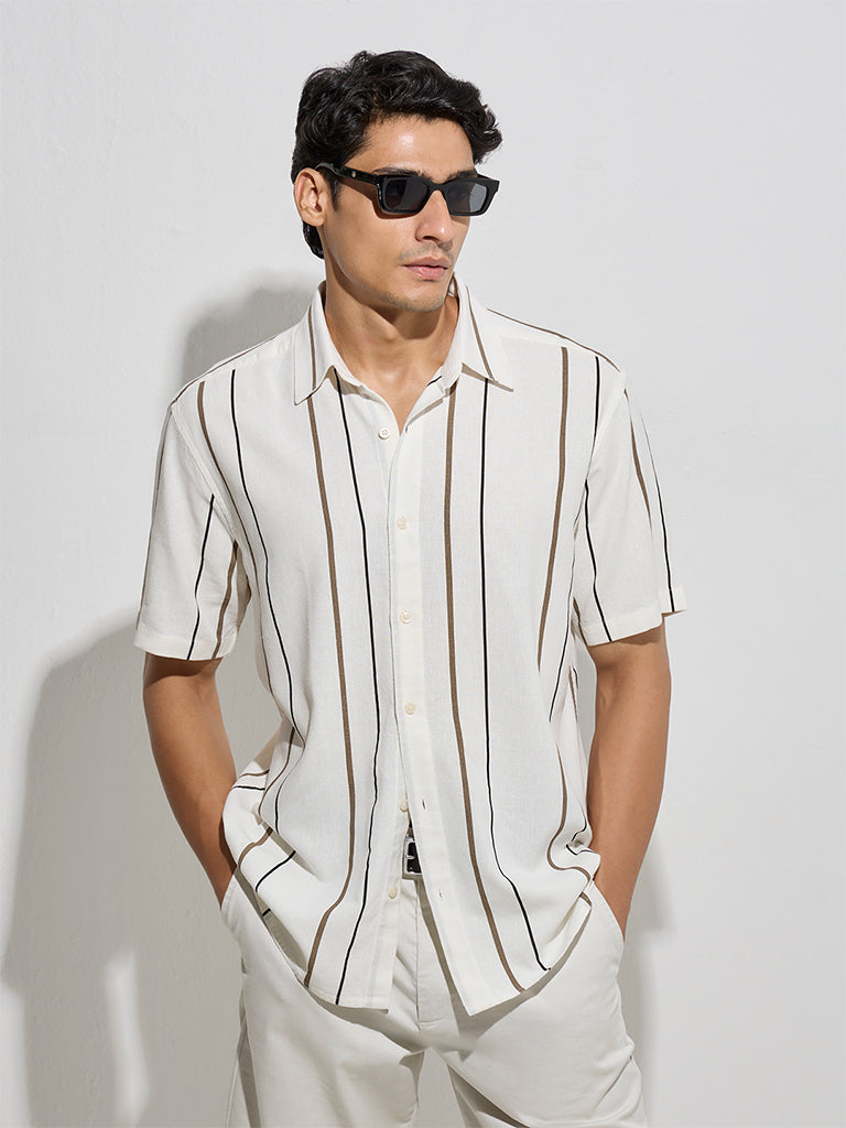 Ascot Off-White Stripe Pattern Relaxed-Fit Shirt