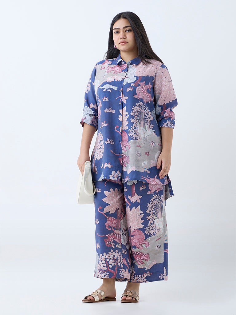 Diza Blue Forest-Themed High-Low Tunic