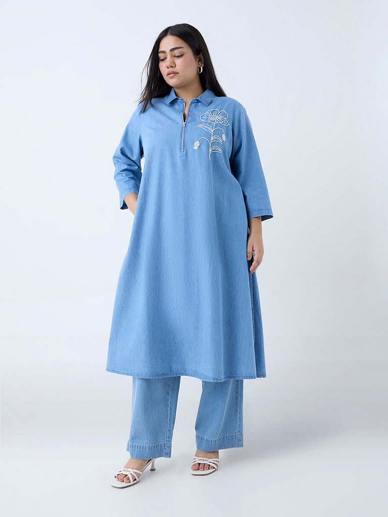 Diza Blue Floral Embroidered Straight Denim Kurta