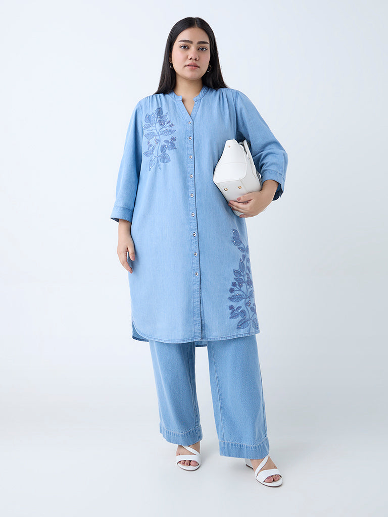Diza Blue Floral Embroidered Straight Denim Kurta