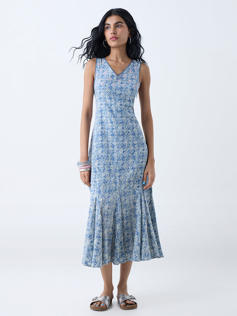 Bombay Paisley Blue Floral Design Cotton Drop-Waist Dress