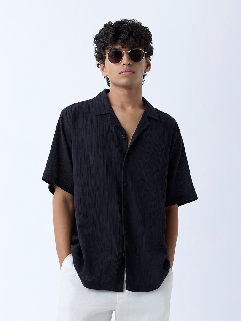 ETA Black Crinkle-Texture Relaxed-Fit Cotton Shirt