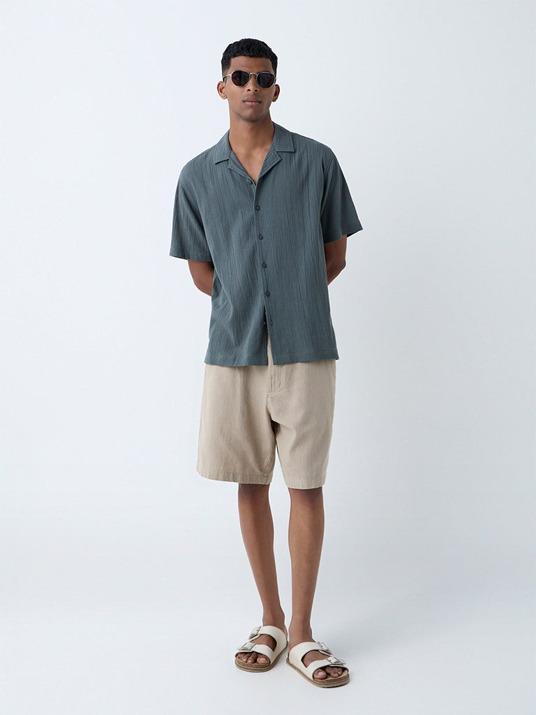 ETA Teal Crinkle-Textured Relaxed-Fit Cotton Shirt