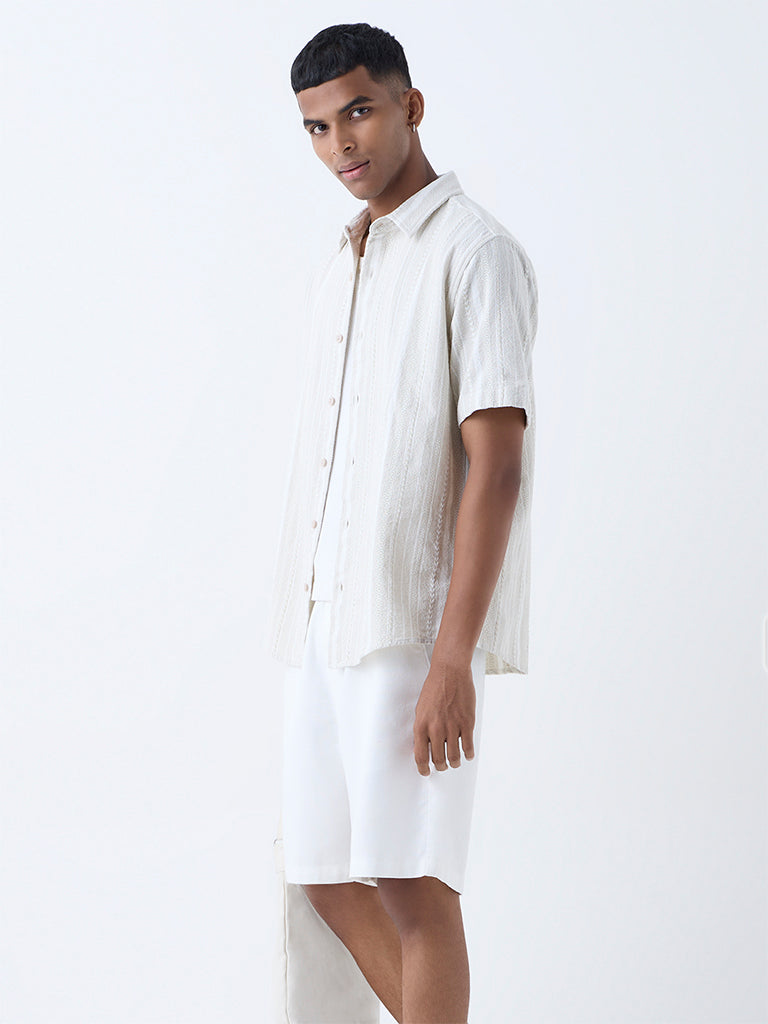 ETA Beige Self-Striped Relaxed-Fit Cotton Shirt