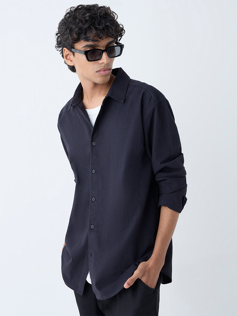ETA Black Solid Relaxed-Fit Cotton Shirt
