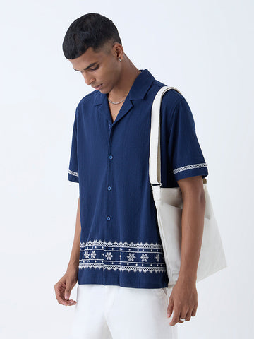 ETA Navy Embroidered Relaxed-Fit Cotton Shirt