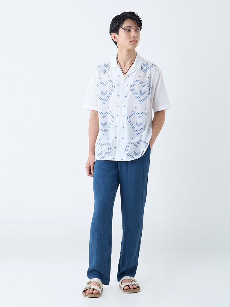 ETA Teal Crinkle-Textured Relaxed-Fit Mid-Rise Cotton-Blend Pants