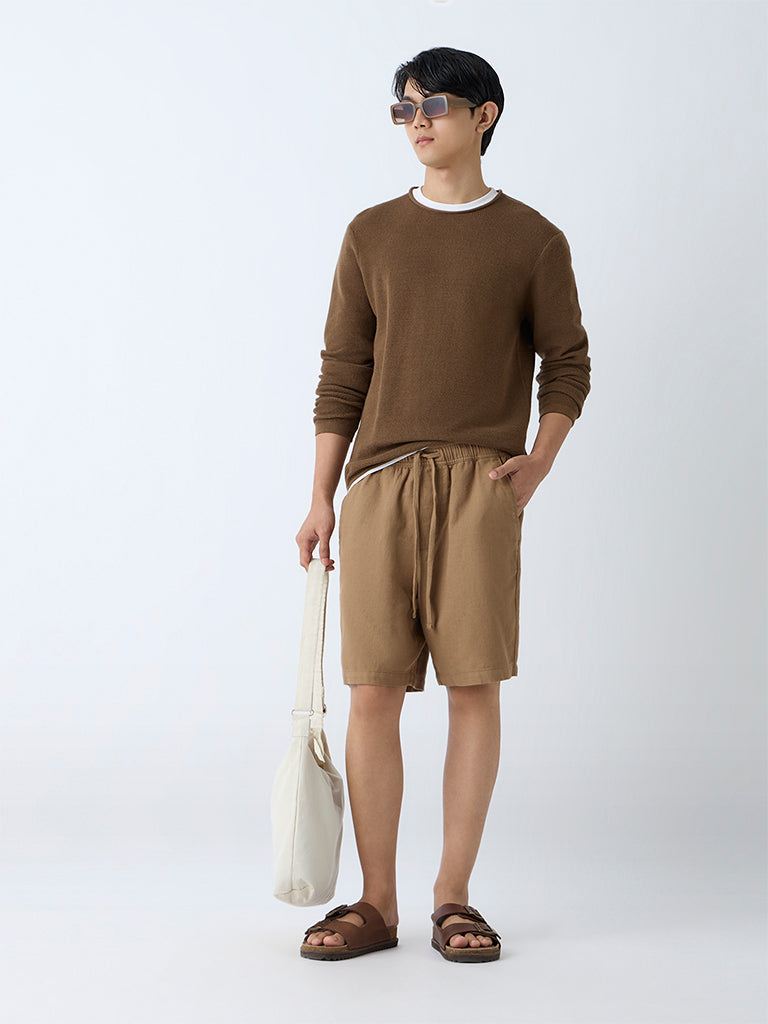 ETA Brown Solid Relaxed-Fit Mid-Rise Cotton Shorts