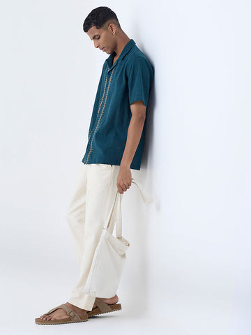 ETA Teal Embroidered Relaxed-Fit Cotton Shirt