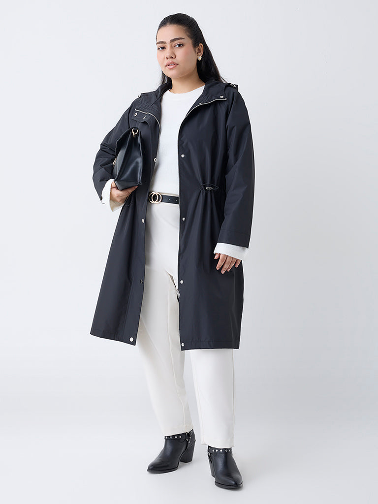 Gia Black Solid Hooded Long Coat