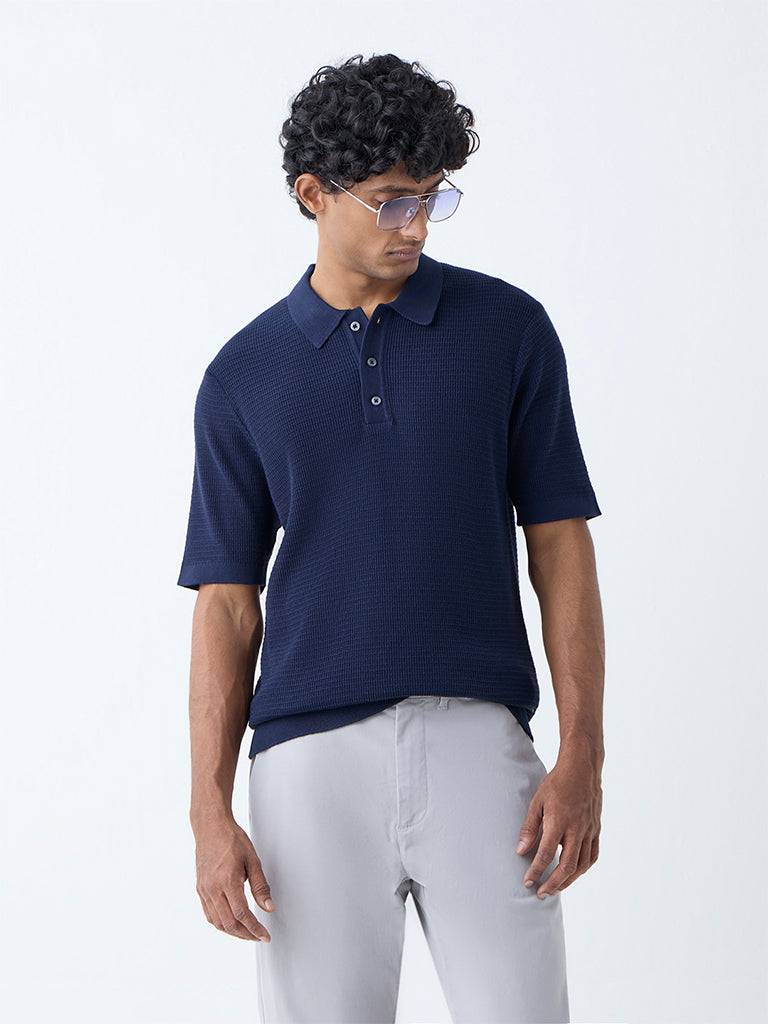 Ascot Navy Textured Relaxed-Fit Cotton-Blend Polo T-Shirt