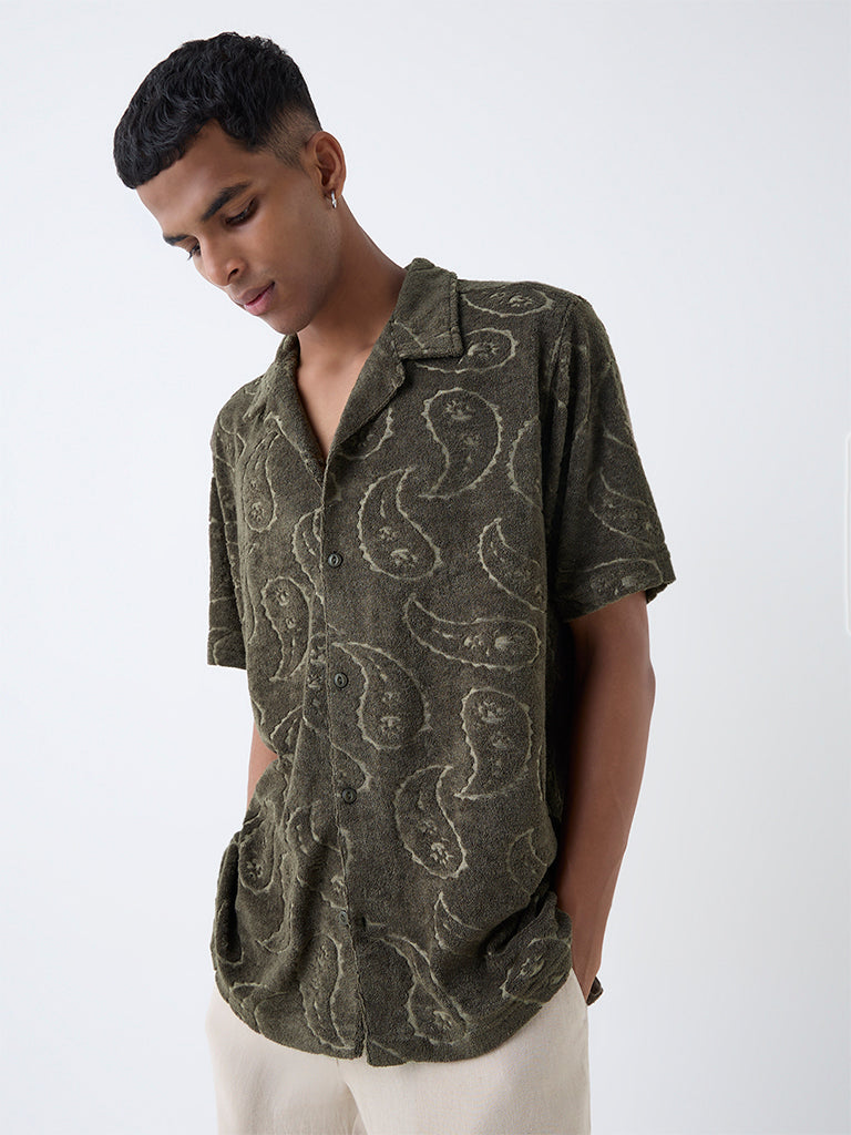 ETA Olive Paisley Relaxed-Fit Cotton-Blend Shirt