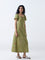 Bombay Paisley Olive Embroidered Cotton-Blend A-Line Dress