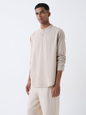 ETA Beige Self-Patterned Relaxed-Fit Cotton-Blend Shirt