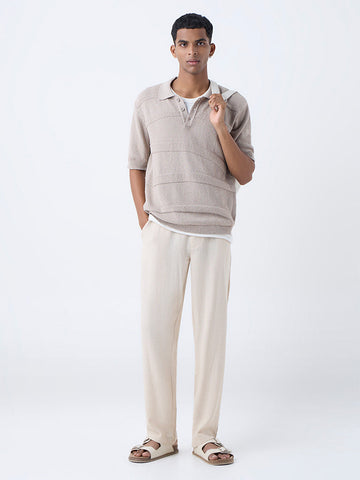 ETA Beige Self-Striped Relaxed-Fit Cotton Polo T-Shirt