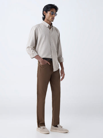 Ascot Beige Self-Striped Relaxed-Fit Cotton-Blend Shirt