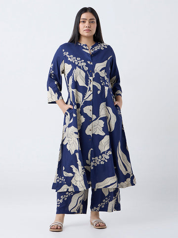 Diza Indigo Floral Printed A-Line Kurta