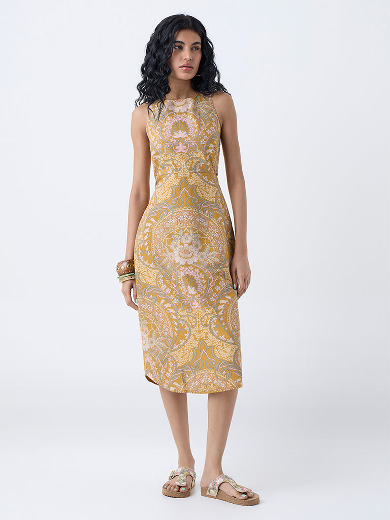 Bombay Paisley Mustard Foliage Cotton-Blend A-Line Dress