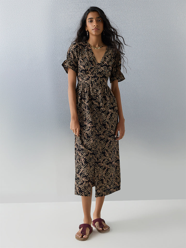 Bombay Paisley Black Floral Embroidered Cotton A-Line Dress