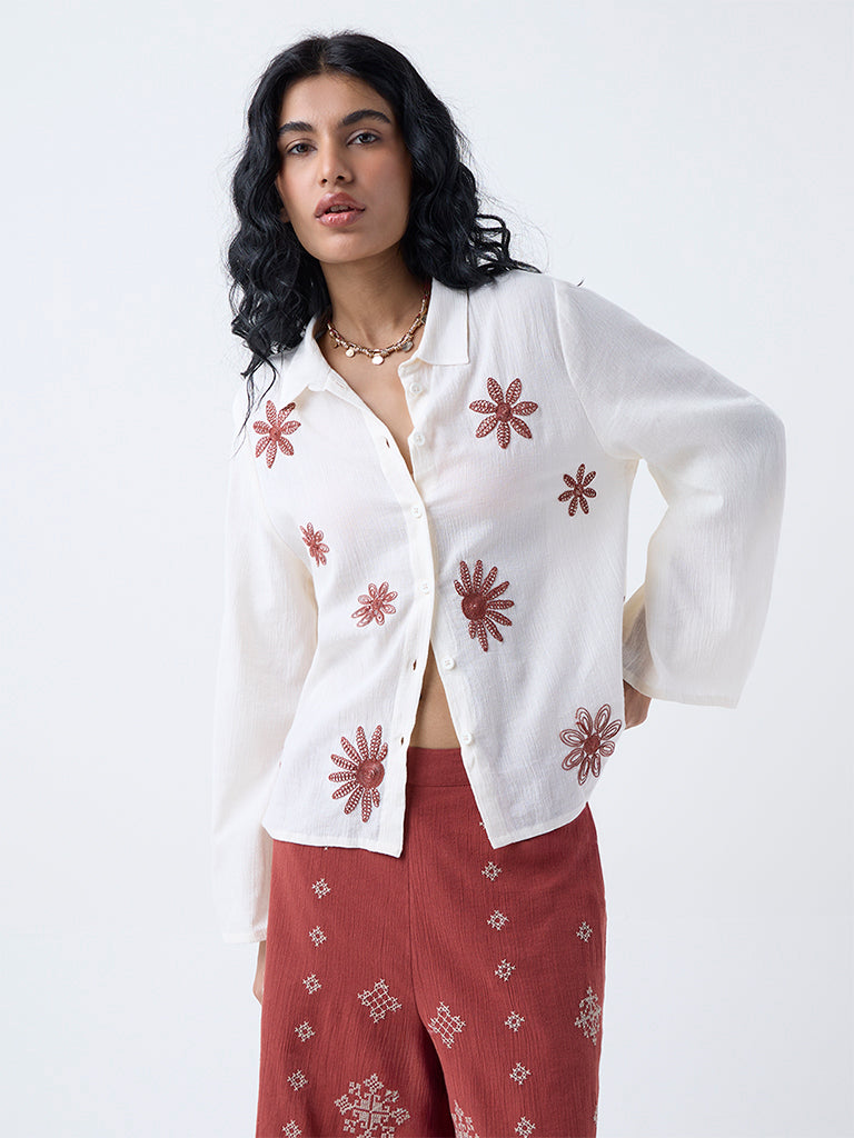 Bombay Paisley Off-White Floral Embroidered Cotton Shirt