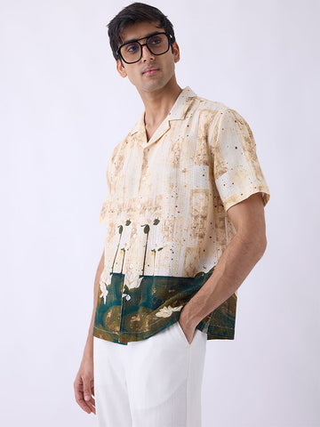ETA Beige Floral Printed Relaxed-Fit Cotton Shirt
