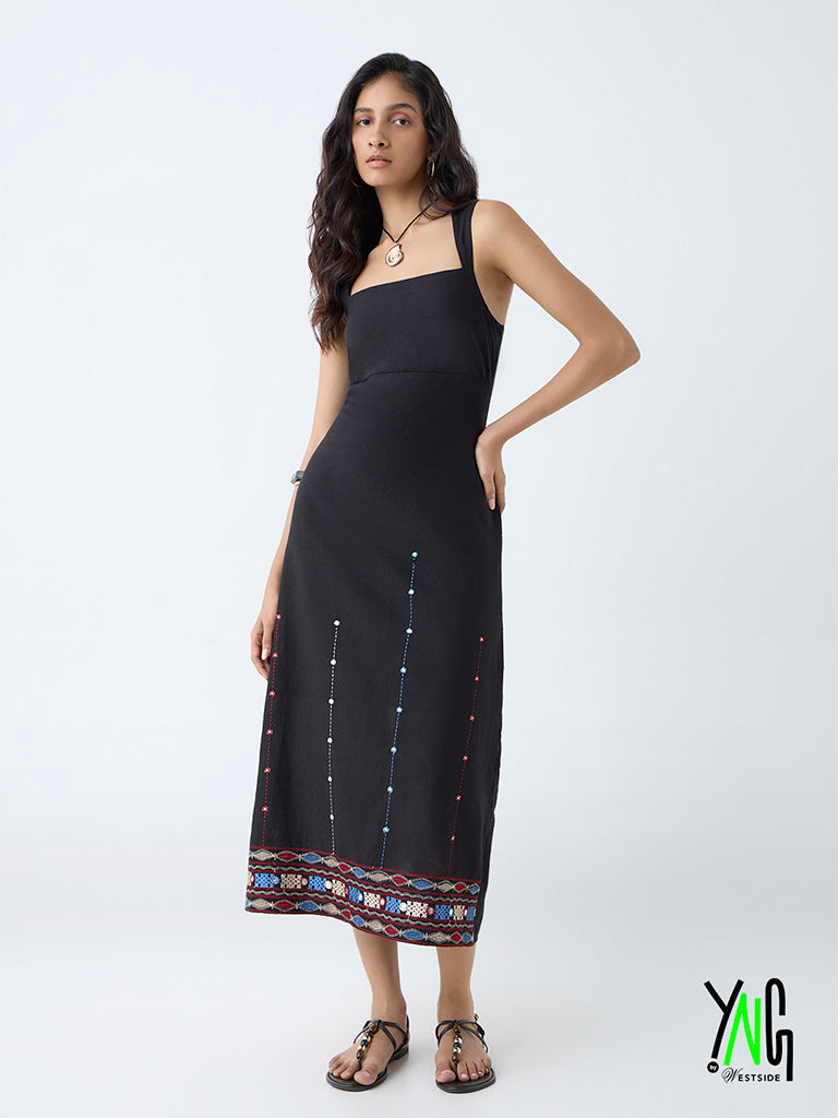 Bombay Paisley Black Embroidered Cotton A-Line Dress