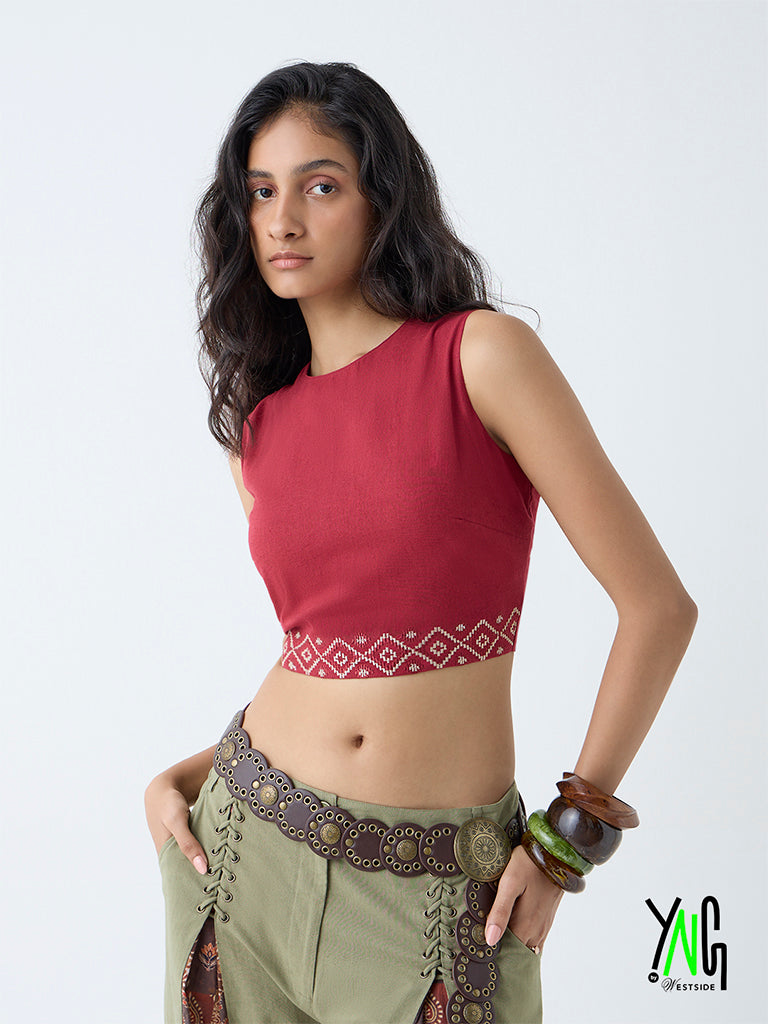 Bombay Paisley Maroon Embroidered Cotton-Blend Crop Top