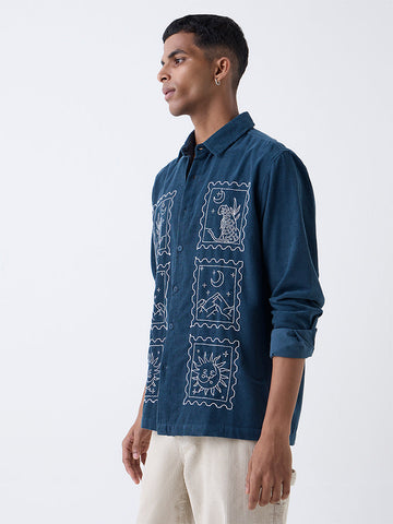 ETA Dark Teal Embroidered Relaxed Fit Cotton Shirt
