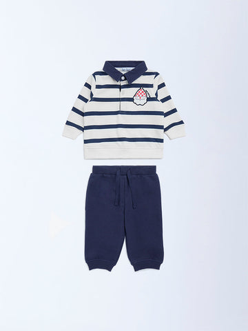 HOP Baby Navy Striped Cotton Sweatshirt with Joggers Set