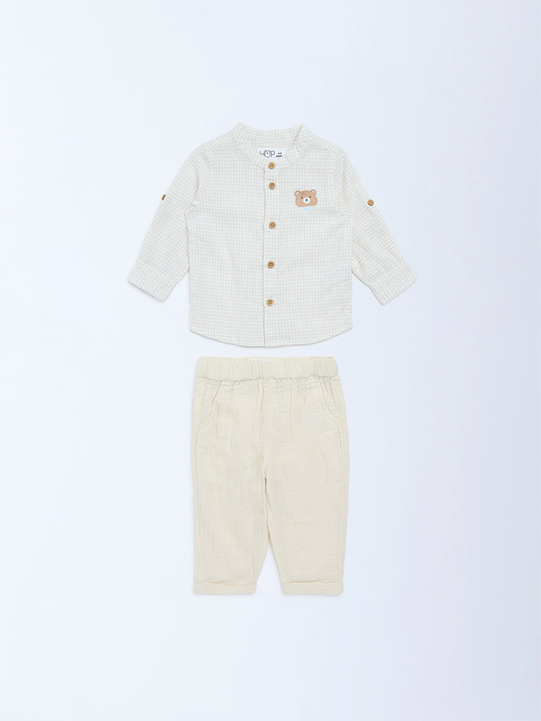 HOP Baby Beige Checkered Cotton-Blend Shirt and Pants Set