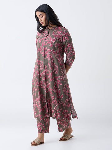 Diza Taupe Leaf Design A-Line Kurta