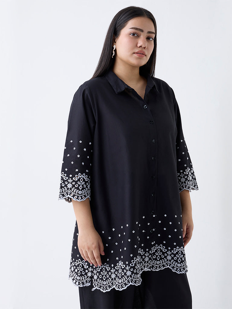 Diza Black Schiffli Embroidered Cotton Tunic