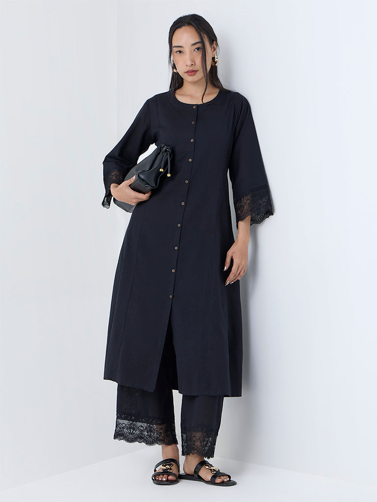 Utsa Black Lace-Detailed Cotton-Blend A-Line Kurta
