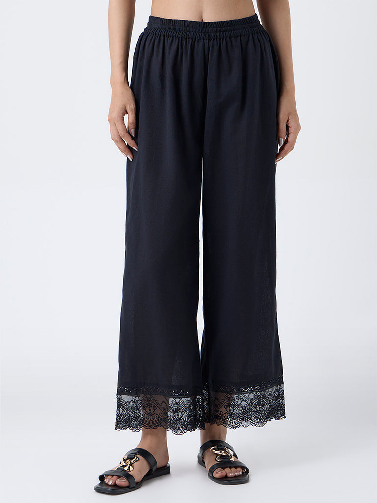 Utsa Black Lace-Detailed Cotton-Blend Ethnic Pants