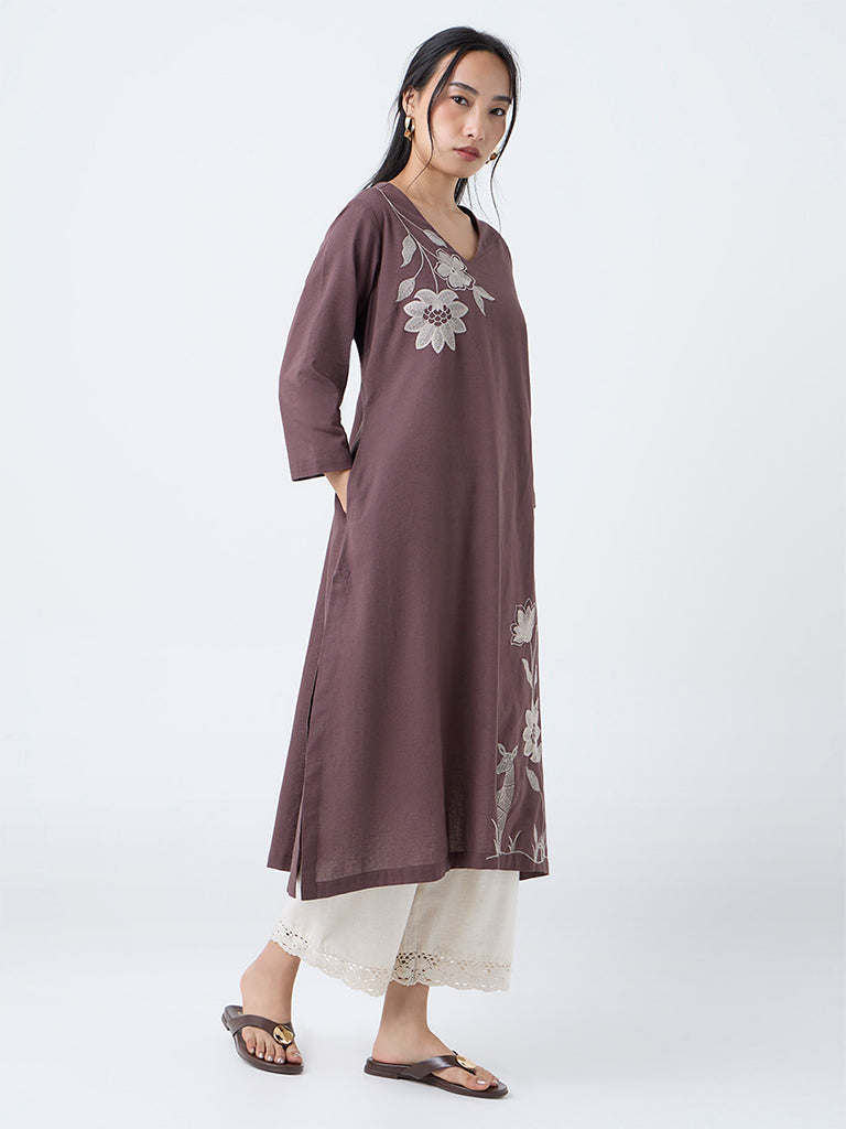 Utsa Brown Floral Embroidered Cotton-Blend A-Line Kurta