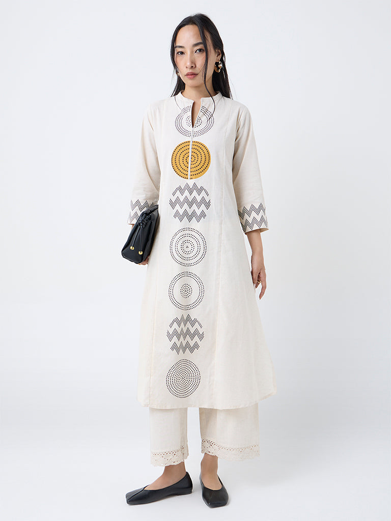 Utsa Off-White Geometric Design Cotton-Blend A-Line Kurta