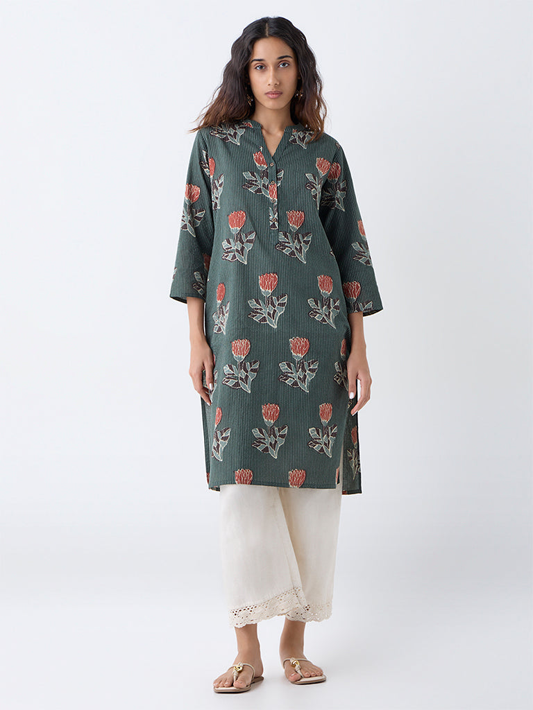 Utsa Dark Green Floral Design Cotton-Blend Straight Kurta
