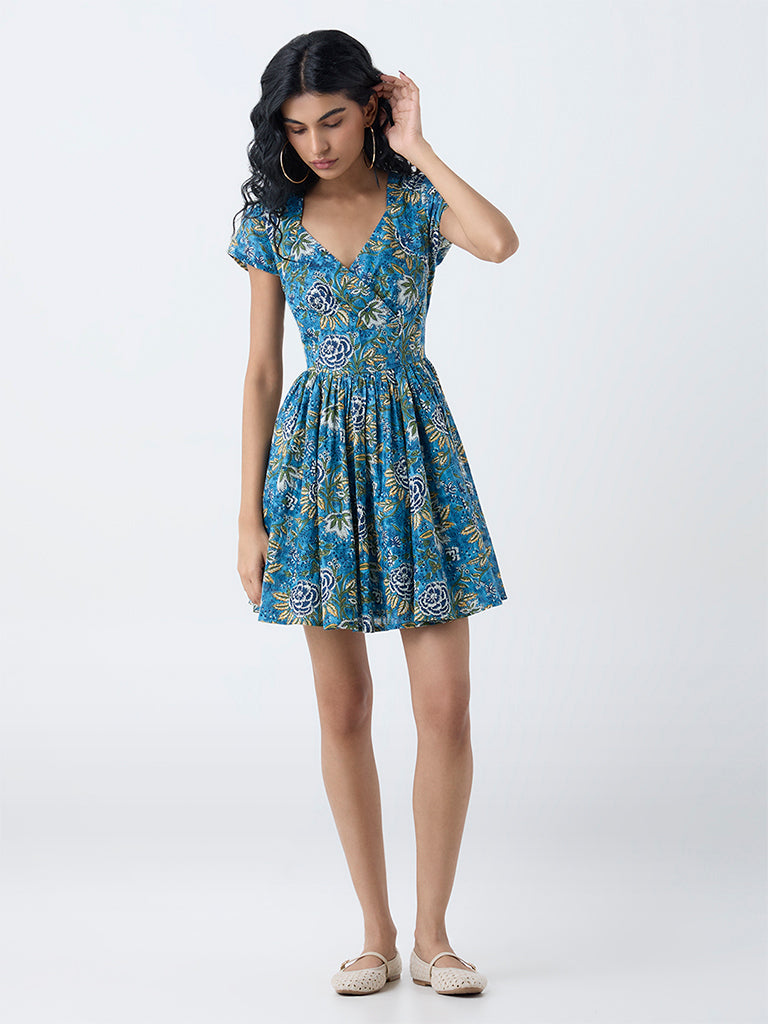 Bombay Paisley Blue Floral Printed Cotton A-Line Dress