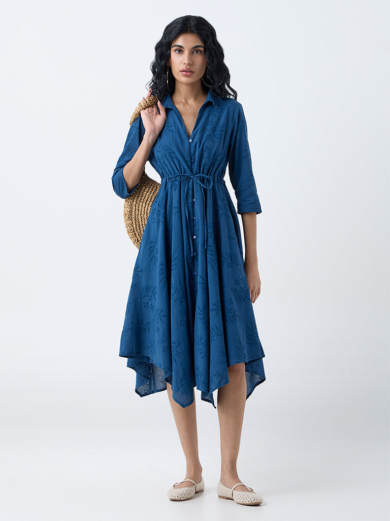 Bombay Paisley Blue Embroidered Cotton Asymmetrical Dress
