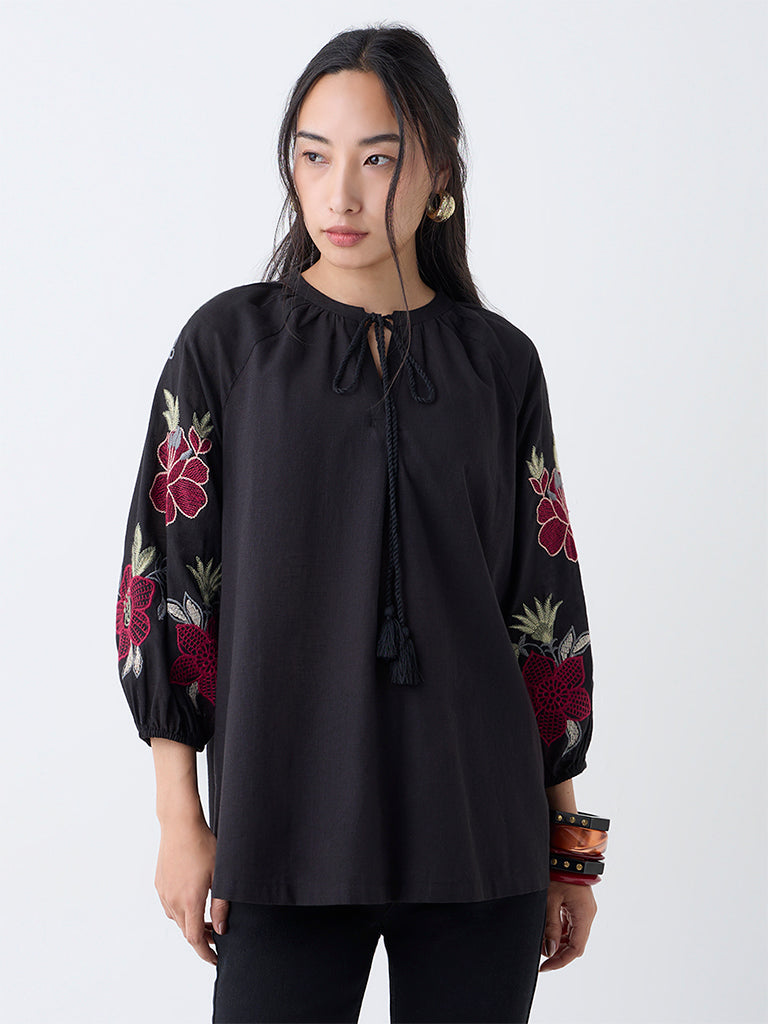 Utsa Black Floral Embroidered Cotton Tunic