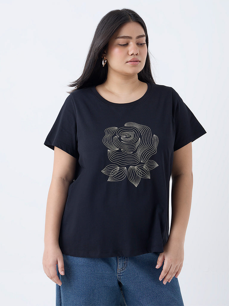 Gia Black Floral Embroidered Cotton T-Shirt